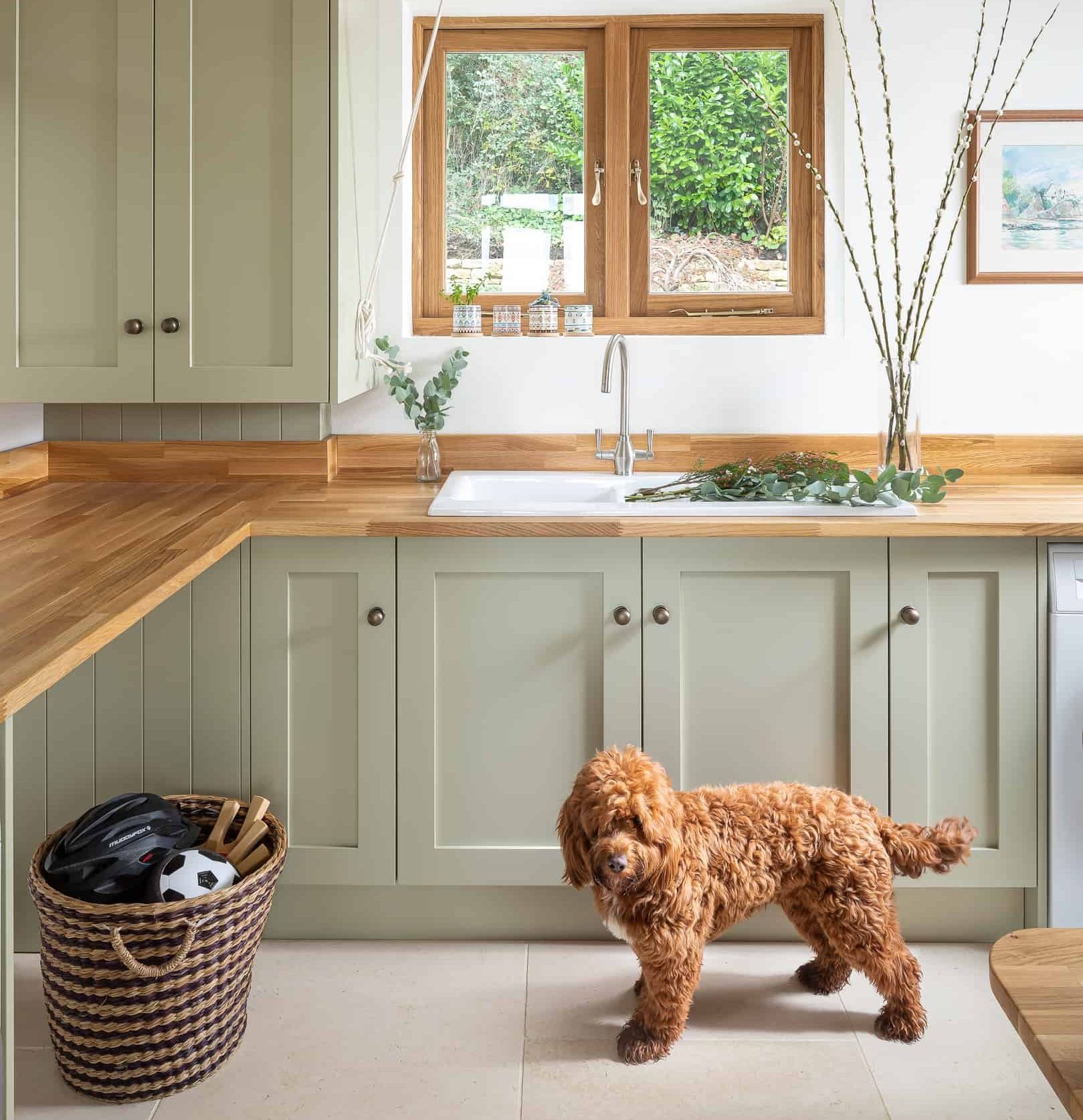 John Lewis of Hungerford utility room in light green shaker cabinetry with a wooden worktop