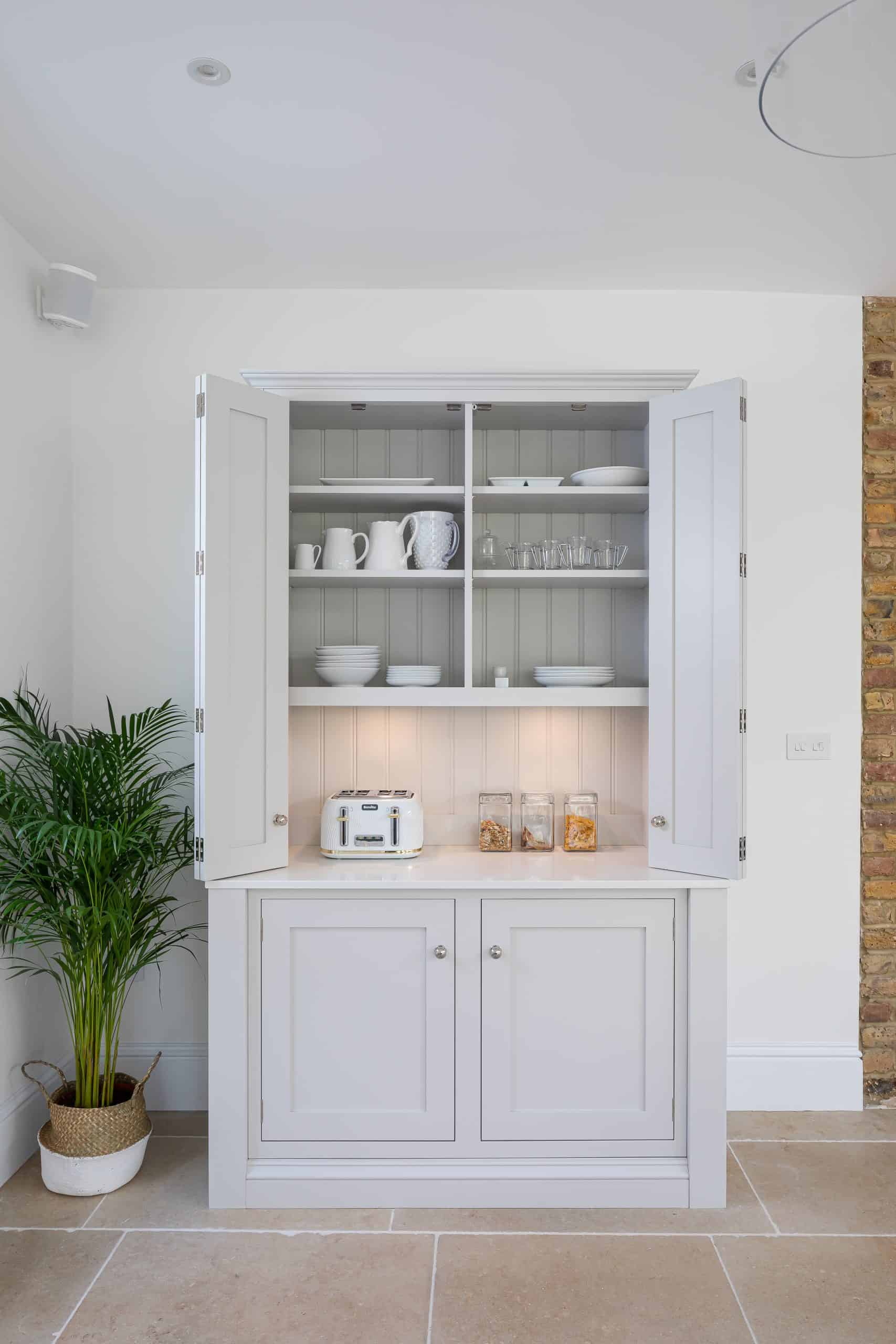 John Lewis of Hungerford Shaker style kitchen freestanding pantry storage in white wood