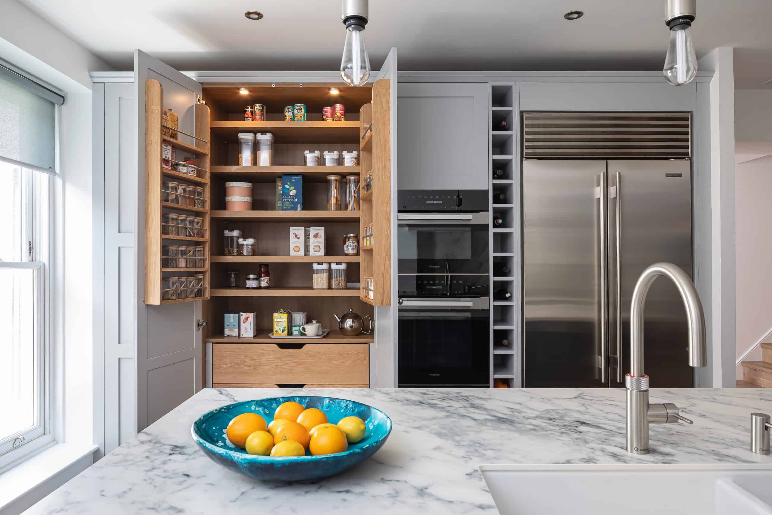 John Lewis of Hungerford bespoke grey Shaker kitchen with hidden storage