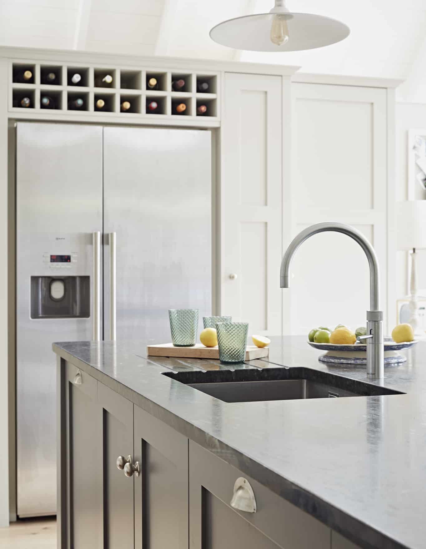 John Lewis of Hungerford Shaker kitchen in grey with marble worktops